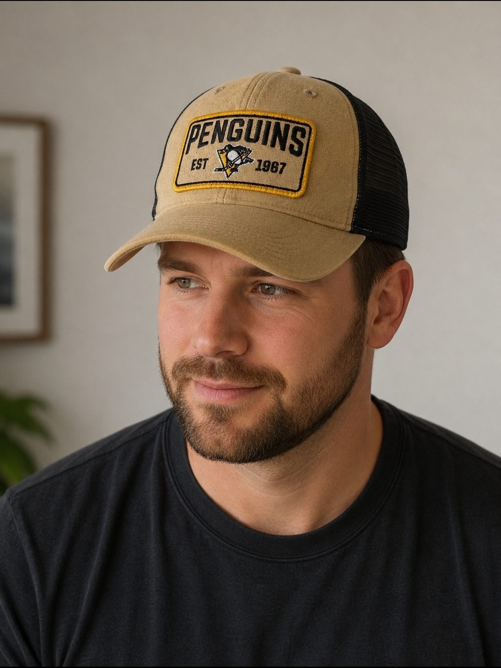 Pittsburgh Penguins NHL Trucker Snapback Hat Tan Black Adjustable Cap